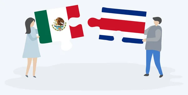 Couple Tenant Deux Pièces Puzzles Avec Des Drapeaux Mexicains Costaricains — Image vectorielle