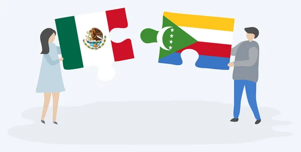 Paar Houden Twee Puzzels Stukken Met Mexicaanse Comoran Vlaggen Mexico — Stockvector