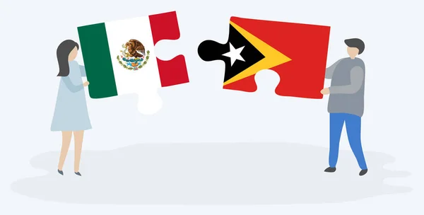 Couple Tenant Deux Pièces Puzzles Avec Des Drapeaux Mexicains Timorais — Image vectorielle