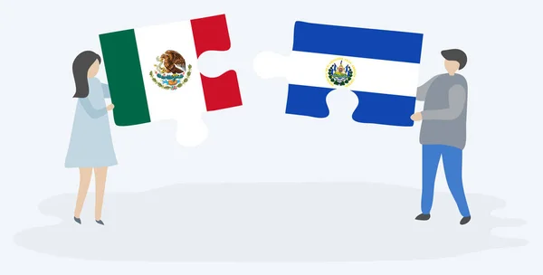 Paar Mit Zwei Puzzleteilen Mit Mexikanischen Und Salvadorianischen Flaggen Mexiko — Stockvektor