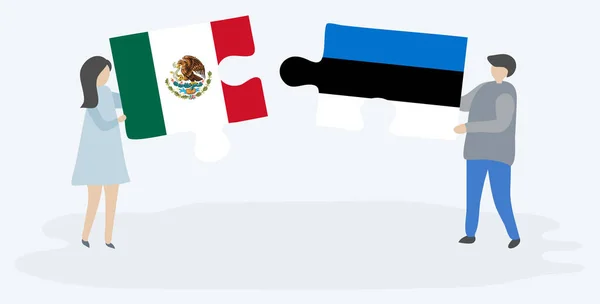 Para Trzymania Dwóch Puzzli Meksykańskimi Estońskich Flag Symbole Narodowe Meksyku — Wektor stockowy