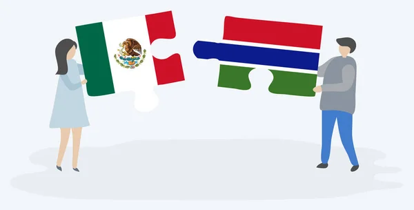 Pareja Sosteniendo Dos Piezas Rompecabezas Con Banderas Mexicanas Gambianas México — Vector de stock