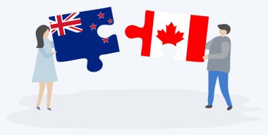 Nz ve Kanada bayrakları ile iki bulmaca parçaları tutan çift. Yeni Zelanda ve Kanada ulusal sembolleri birlikte.