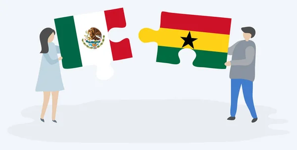 Para Trzymania Dwóch Puzzli Meksykański Flagi Ghany Symbole Narodowe Meksyku — Wektor stockowy