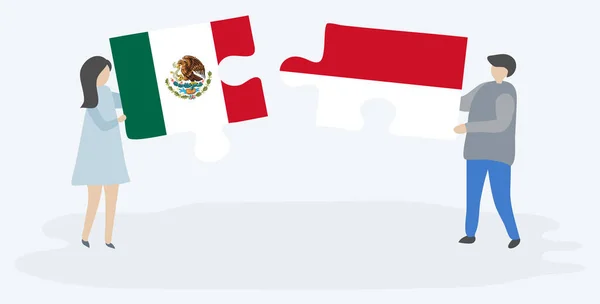 Paar Mit Zwei Puzzleteilen Mit Mexikanischen Und Indonesischen Flaggen Nationalsymbole — Stockvektor