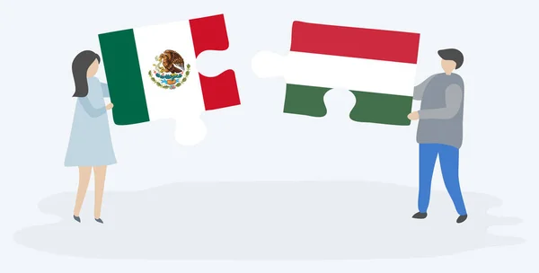 Para Trzyma Dwa Puzzle Kawałki Meksykańskimi Węgierskich Flag Symbole Narodowe — Wektor stockowy