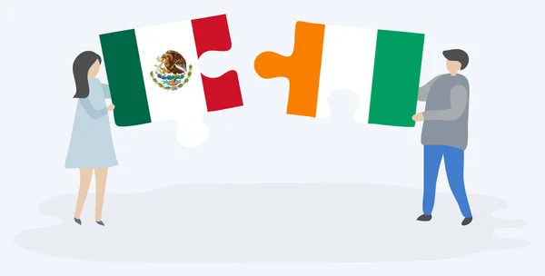 Paar Houden Twee Puzzels Stukken Met Mexicaanse Ivoriaanse Vlaggen Mexico — Stockvector