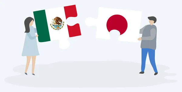 メキシコと日本の国旗を持つ2つのパズルピースを持つカップル メキシコと日本のシンボルが一緒に — ストックベクタ