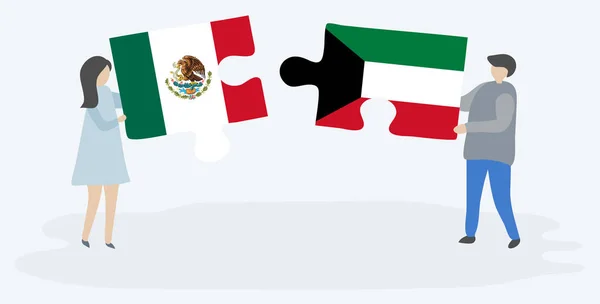 Pareja Sosteniendo Dos Piezas Rompecabezas Con Banderas Mexicanas Kuwaitíes México — Archivo Imágenes Vectoriales