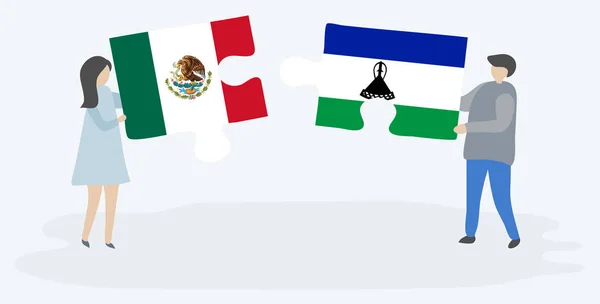 Para Trzyma Dwa Kawałki Puzzli Meksykańskimi Basotho Flagi Meksyk Lesotho — Wektor stockowy