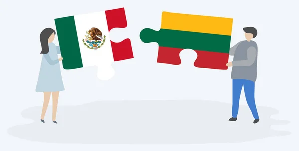 Paar Mit Zwei Puzzleteilen Mit Mexikanischen Und Litauischen Flaggen Mexiko — Stockvektor