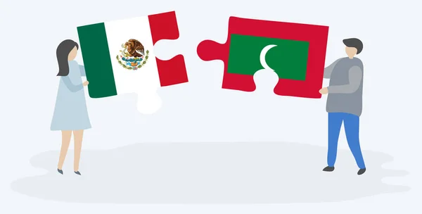 Par Som Innehar Två Pusselbitar Med Mexikanska Och Maldiviska Flaggor — Stock vektor