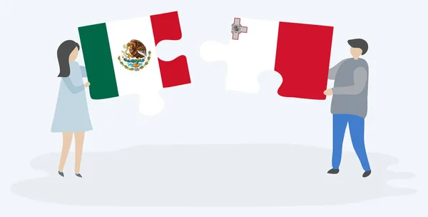 Couple Holding Two Puzzles Pieces Mexican Maltese Flags Mexico Malta — Stock Vector