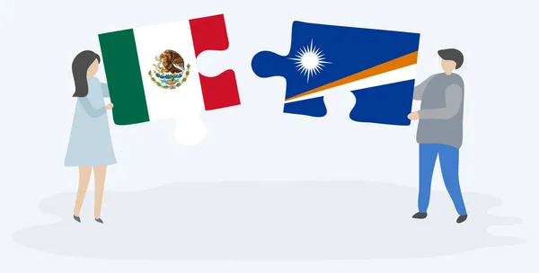 Pareja Sosteniendo Dos Piezas Rompecabezas Con Banderas Mexicanas Marshallesas México — Archivo Imágenes Vectoriales