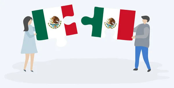 メキシコとメキシコの旗と2つのパズルのピースを保持しているカップル メキシコとメキシコの国のシンボル — ストックベクタ