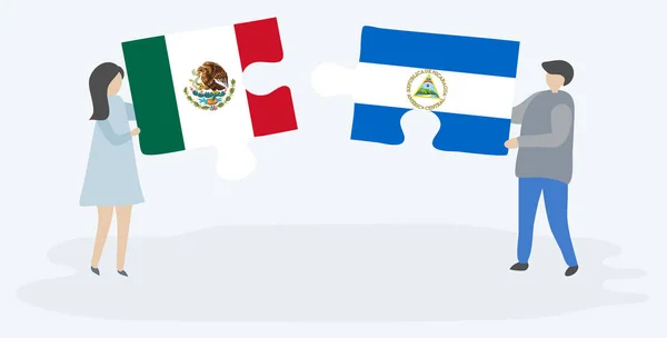 メキシコとニカラグアの旗を持つ2つのパズルピースを保持しているカップル メキシコとニカラグアのシンボル — ストックベクタ