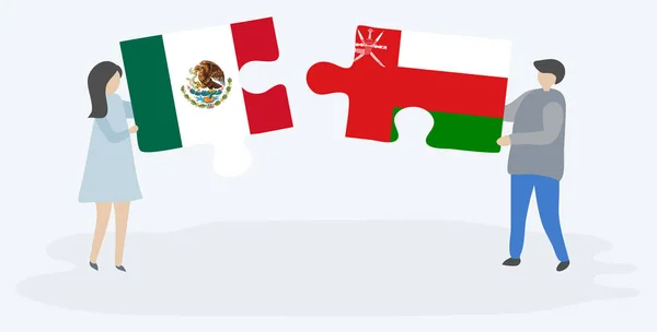Pareja Sosteniendo Dos Piezas Rompecabezas Con Banderas Mexicanas Omaníes México — Archivo Imágenes Vectoriales