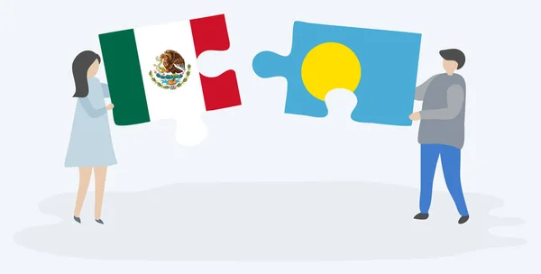 メキシコとパラオの旗と2つのパズルのピースを保持しているカップル メキシコとパラオの国のシンボル — ストックベクタ