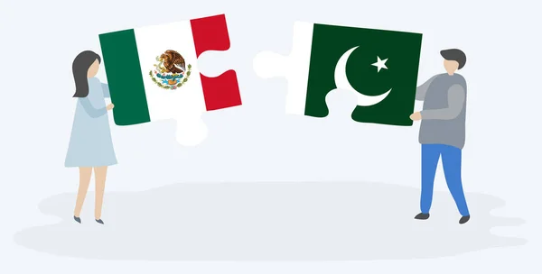 Pareja Sosteniendo Dos Piezas Rompecabezas Con Banderas Mexicanas Paquistaníes México — Archivo Imágenes Vectoriales