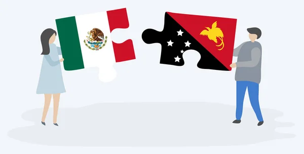 メキシコとパプアの旗を持つ2つのパズルのピースを保持しているカップル メキシコとパプアニューギニアのシンボル — ストックベクタ