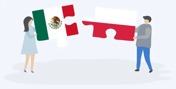 Pareja Sosteniendo Dos Piezas Rompecabezas Con Banderas Mexicanas Polacas México — Archivo Imágenes Vectoriales
