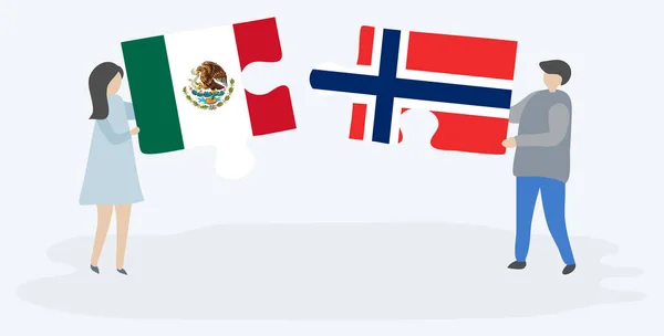 Paar Mit Zwei Puzzleteilen Mit Mexikanischer Und Norwegischer Flagge Mexikanische — Stockvektor