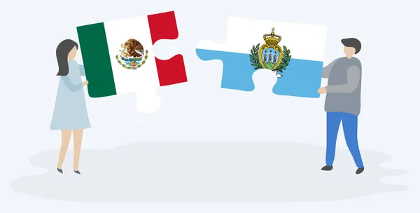 Meksika Sammarinese Bayrakları Ile Iki Bulmaca Parçaları Tutan Çift Meksika — Stok Vektör