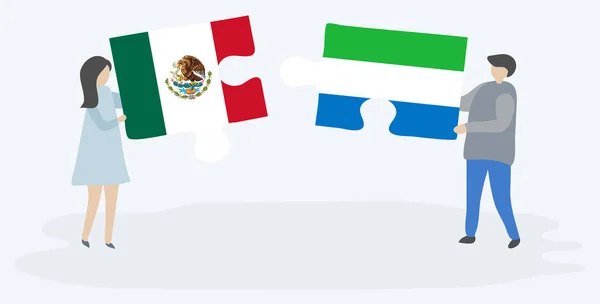 Pareja Sosteniendo Dos Piezas Rompecabezas Con Banderas México Sierra Leona — Vector de stock
