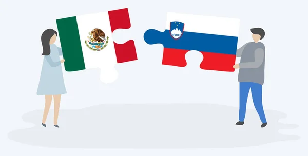 Casal Segurando Duas Peças Quebra Cabeças Com Bandeiras Mexicanas Eslovenas —  Vetores de Stock