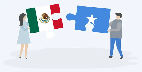 メキシコとソマリアの旗を持つ2つのパズルのピースを保持しているカップル メキシコとソマリアの国のシンボル — ストックベクタ