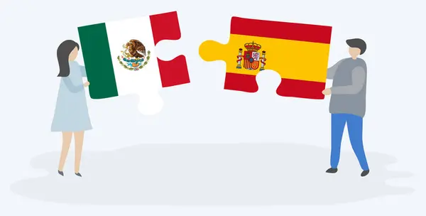 Couple Holding Two Puzzles Pieces Mexican Spanish Flags Mexico Spain — Stock Vector