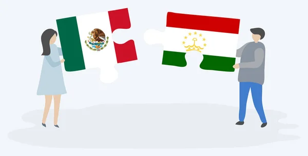 Casal Segurando Duas Peças Quebra Cabeças Com Bandeiras Mexicanas Tajiquistanesas —  Vetores de Stock