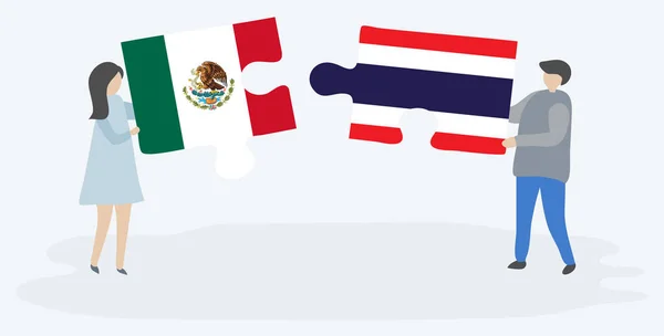 Par Som Innehar Två Pusselbitar Med Mexikanska Och Thailändska Flaggor — Stock vektor
