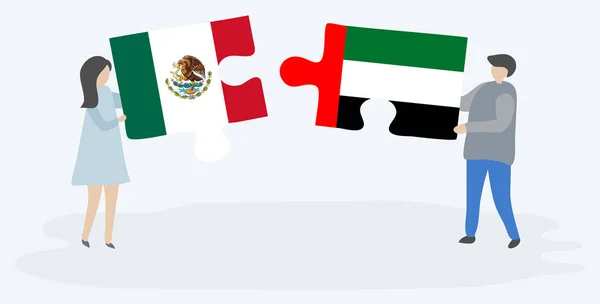 メキシコとエミリアの旗と2つのパズルのピースを保持しているカップル メキシコとアラブ首長国連邦のシンボル — ストックベクタ