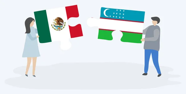 メキシコとウズベキスタンの旗を持つ2つのパズルピースを保持しているカップル メキシコとウズベキスタンのシンボル — ストックベクタ