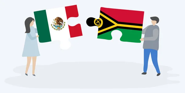 Par Som Innehar Två Pusselbitar Med Mexikanska Och Vanuatuan Flaggor — Stock vektor