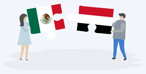 Paar Houden Twee Puzzels Stukken Met Mexicaanse Jemeniaanse Vlaggen Mexico — Stockvector