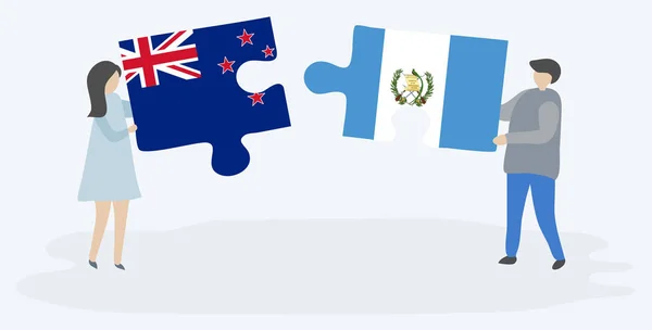 Paar Houden Twee Puzzels Stukken Met Guatemalteekse Vlaggen Nieuw Zeelandse — Stockvector
