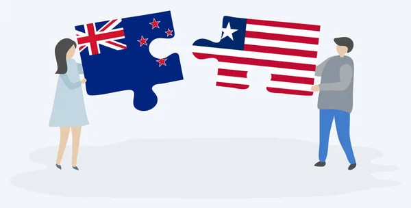 Paar Houden Twee Puzzels Stukken Met Liberiaanse Vlaggen Nieuw Zeelandse — Stockvector