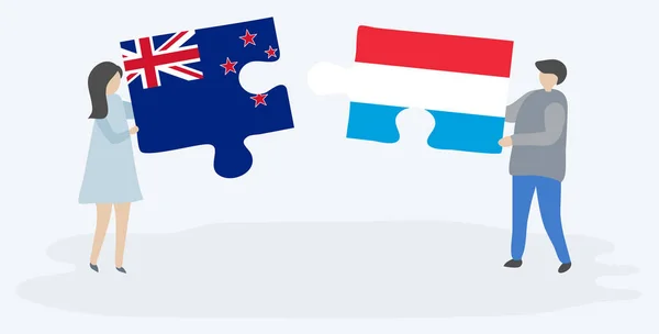 Paar Met Twee Puzzels Stukken Met Luxembourburgs Vlaggen Nieuw Zeelandse — Stockvector