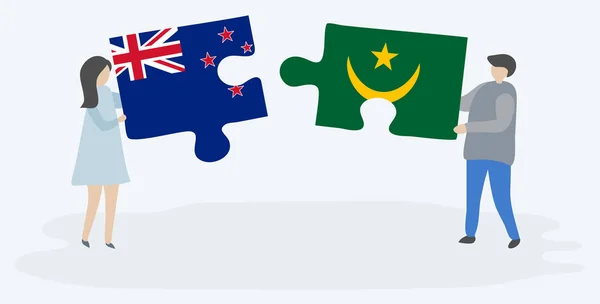 Paar Mit Zwei Puzzleteilen Mit Und Mauretanischen Flaggen Neuseeland Und — Stockvektor