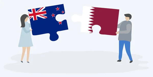 Paar Houden Twee Puzzels Stukken Met Qatari Vlaggen Nieuw Zeelandse — Stockvector