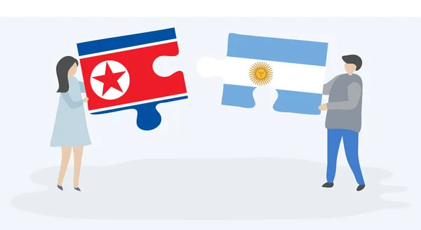 Couple Tenant Deux Pièces Puzzles Avec Des Drapeaux Nord Coréens — Image vectorielle