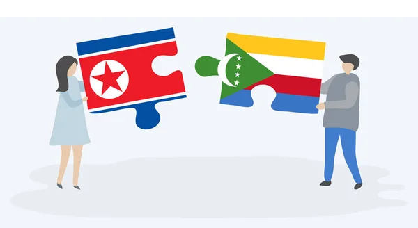 Casal Segurando Duas Peças Quebra Cabeças Com Bandeiras Norte Coreanas — Vetor de Stock