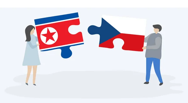 Pareja Sosteniendo Dos Piezas Rompecabezas Con Banderas Corea Del Norte — Vector de stock