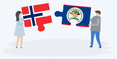 Norveç ve Belizean bayrakları ile iki bulmaca parçaları tutan çift. Norveç ve Belize ulusal sembolleri birlikte.
