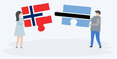 Norveç ve Motsvana bayrakları ile iki bulmaca parçaları tutan çift. Norveç ve Botsvana ulusal sembolleri birlikte.