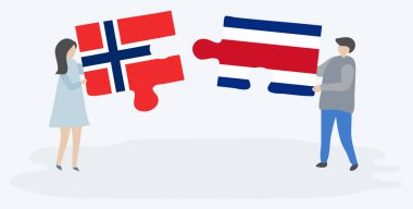 Çift Norveç ve Kosta Rika bayrakları ile iki bulmaca parçaları tutan. Norveç ve Kosta Rika ulusal sembolleri birlikte.