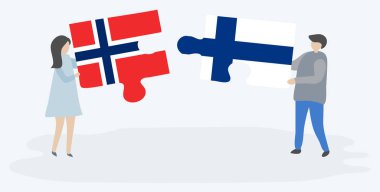 Norveç ve Fin bayrakları ile iki bulmaca parçaları tutan çift. Norveç ve Finlandiya ulusal sembolleri birlikte.