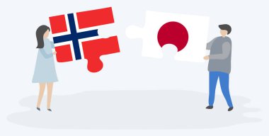 Norveç ve Japon bayrakları ile iki bulmaca parçaları tutan çift. Norveç ve Japonya ulusal sembolleri birlikte.